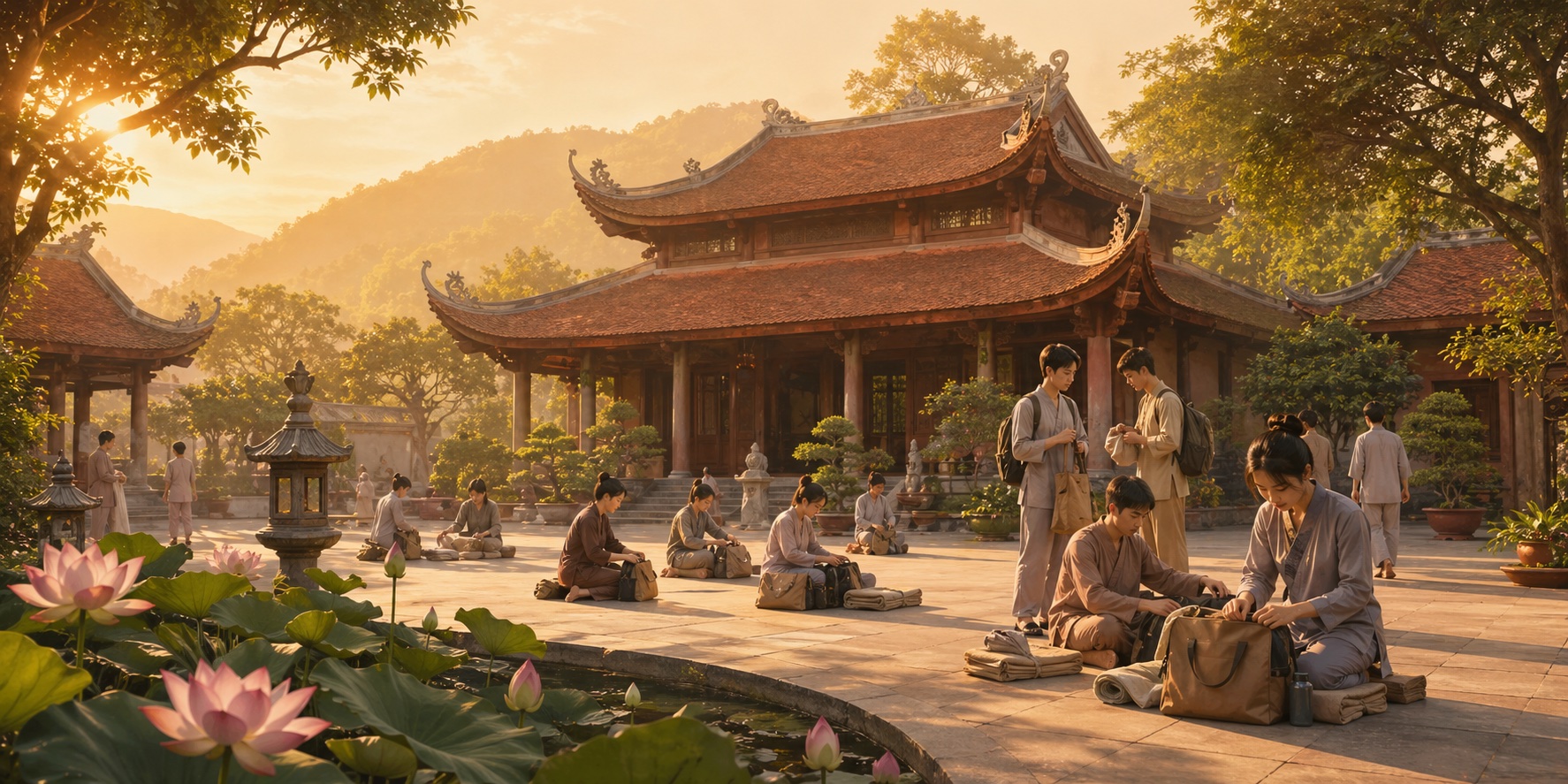 Tu sinh chuẩn bị hành trang trong không gian chùa an lành